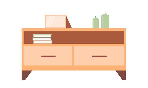 简单的北欧风格抽屉柜，上面堆放着书籍、蜡烛和相框。适合客厅或卧室的室内装饰。图片下载