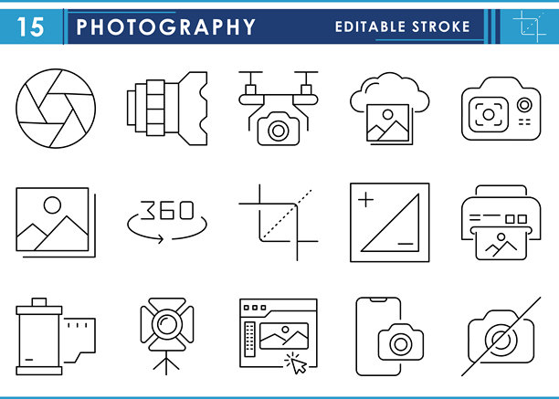一组与摄影相关的线条图标。照片、相机、编辑、对焦、无相机、360度、镜头等。可编辑矢量线条。图片下载