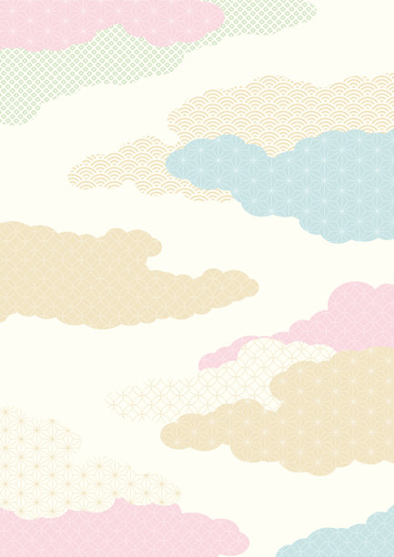 垂直A型日本背景素材：云朵形状的风景与传统日本图案图片下载