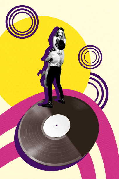 夜间休闲俱乐部派对娱乐的趋势艺术合成横幅照片拼贴，年轻男子与女士一起舞动，举起黑胶唱片。图片下载