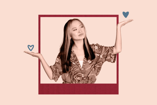 独特的照片拼贴，展示快乐的嬉皮女孩在社交媒体帖子中露出，手持心形图标，庆祝情人节捐赠博客。图片下载