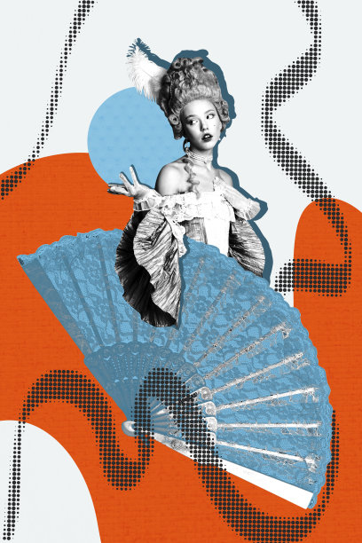 趋势艺术作品照片拼贴设计，展示历史复古贵族风格的紧身胸衣配饰，年轻女性在炎热天气中用风扇扇风，面部表情戏剧化。图片下载