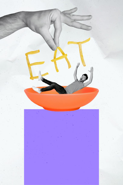 趋势艺术作品复合横幅 3D 照片拼贴，年轻男子手持法式薯条，躺在盘子上，尖叫着卡路里，晚餐吃食，厨房图片下载