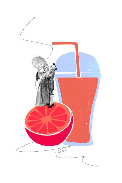 时尚复古风格的酒精鸡尾酒拼贴画，描绘了一对年轻男女，男士佩戴假发，女士穿着紧身胸衣，手持柠檬，展现出贵族气息的周五饮品。图片下载