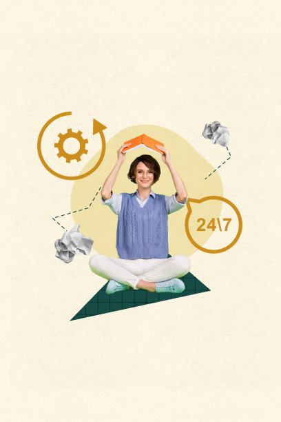 全3D照片拼贴，快乐的女商人手持书本，气泡中显示24/7热线服务和齿轮发展目标。图片下载