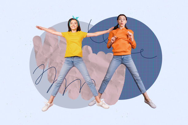 流行杂志风格的艺术照片拼贴，展示两个快乐女孩在周末庆祝活动中的舞蹈氛围，轻松派对，迪斯科俱乐部假日。图片下载