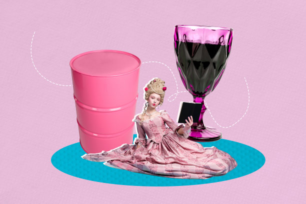 3D照片拼贴，展现放松庆祝的年轻女士，手持鸡尾酒杯，旁边有油桶，阅读书籍，风格配饰和历史奢华的服装。图片下载