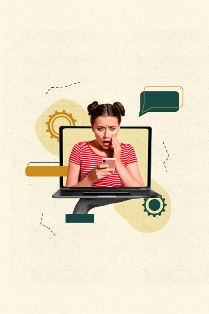 震惊女孩的艺术照片，竖向拼贴，窥视笔记本电脑，手持手机，沟通图标，发送信息，齿轮进展图片下载