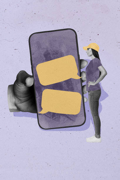 时尚的3D杂志风格竖版照片拼贴，快乐女孩站在大手机设备屏幕前，接收聊天消息应用的通知。图片下载