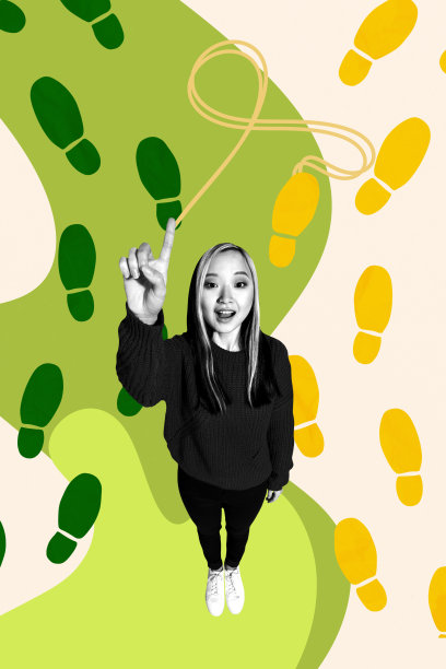 3D照片拼贴模板趋势艺术作品，展示方向、目标、道路、轨道、步道的图案，年轻的亚洲女性站立并用手指指向上方。图片下载