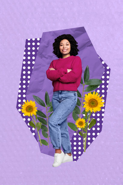 创意竖版照片拼贴，快乐女孩在公园外的夏季节日活动中跳舞，周围盛开的向日葵。图片下载