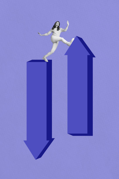 趋势艺术作品复合横幅 3D 照片拼贴，年轻女士站在两个指向不同方向的箭头前，分析图形目标业务。图片下载