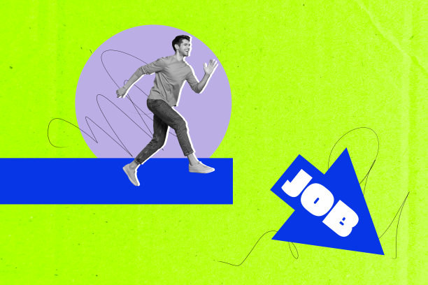 3D照片拼贴模板趋势艺术作品草图，招聘候选人职业人力资源年轻男子奔跑，箭头指向职位空缺。图片下载