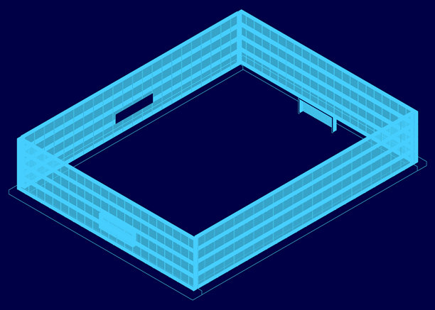 一个足球场，配有球门和高围栏，背景为深色，蓝色线条。等距矢量插图展示了一个具有干净几何细节的体育场。图片下载