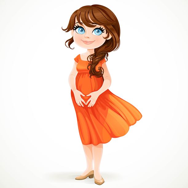 美丽的棕发孕妇双手交叠在肚子上，形成一个心形，站在白色背景前。图片下载