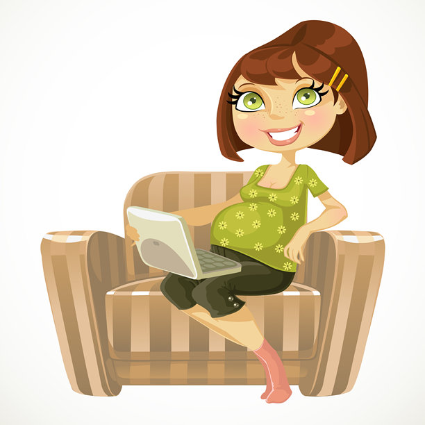 漂亮的孕妇坐在米色扶手椅上使用笔记本电脑图片下载