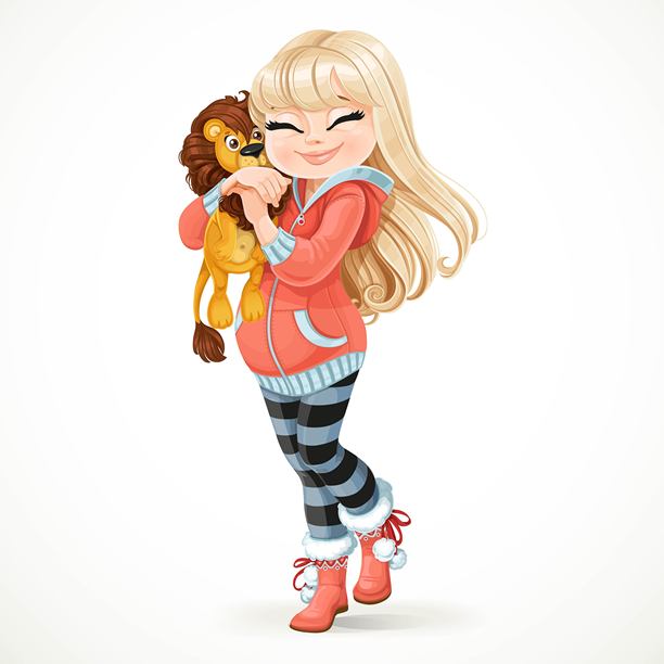 美丽的金发孕妇开心地拥抱着一只柔软的玩具狮子，背景为白色。图片下载