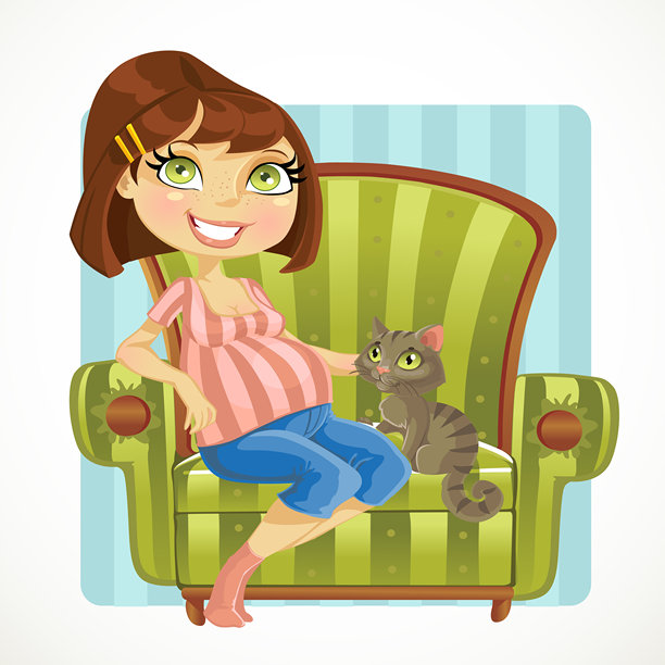 漂亮的孕妇与猫坐在绿色扶手椅上图片下载