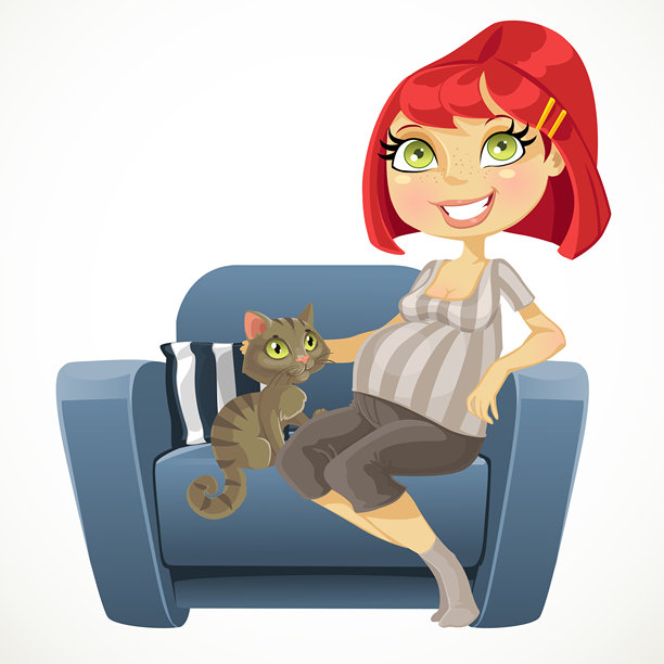 漂亮的孕妇与猫坐在蓝色扶手椅上图片下载