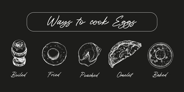 一套准备蛋菜肴的方法。鸡蛋烹饪方式信息图。水煮蛋、煎蛋、烤蛋、荷包蛋和煎蛋卷。手绘草图轮廓插图，矢量线条艺术。图片下载
