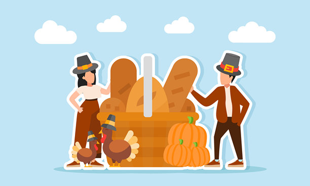 一男一女戴着帽子，站在一个装满面包的篮子旁边，旁边是一堆南瓜和几只戴着帽子的火鸡，插图表达感恩节的感激之情。图片下载