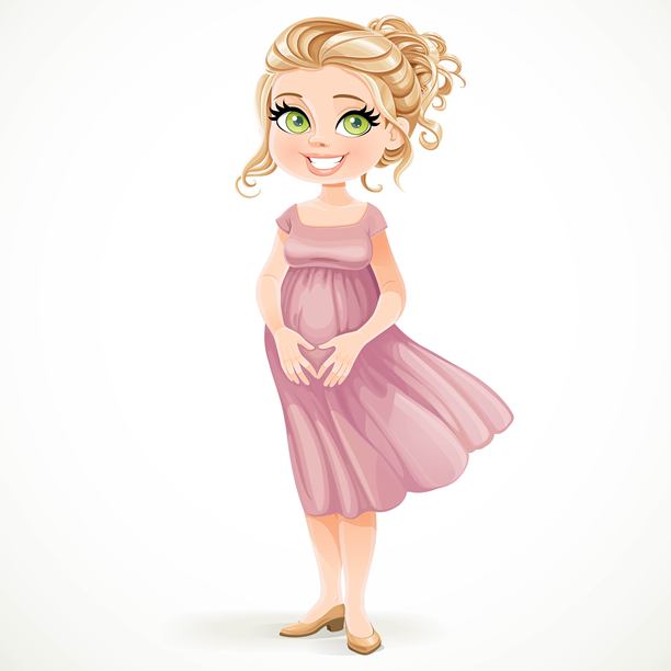 美丽的金发孕妇双手交叠在肚子上，形成一个心形，站在白色背景前。图片下载