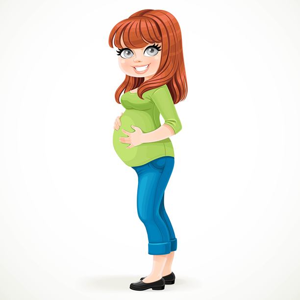 可爱的棕发孕妇站在白色背景前，双手托着大肚子。图片下载