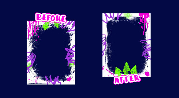 前后对比模板。涂鸦风格的粗糙框架用于照片比较。比赛布局边框配有生动的油漆装饰。空白与挑战。手绘插图的矢量背景。图片下载