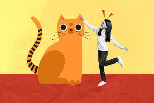 单色年轻女孩与宠物的家居房间趋势艺术合成图像照片拼贴，画着可爱的猫咪，展现童年趣味。图片下载