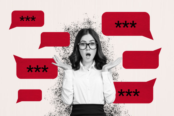 惊讶女孩收到仇恨信息的拼贴照片，工作强度、压力、欺凌的阴云，孤立在涂鸦背景上图片下载