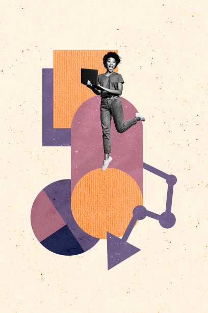 惊讶的美国女孩手持MacBook设备，箭头指向下方，经济下滑失败的垂直照片拼贴，背景为涂鸦风格。图片下载