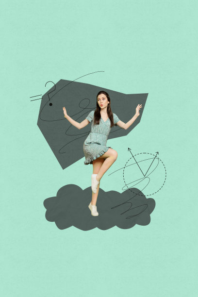 震惊的女商人站在问号前，思考职业发展、工作进展和成就的垂直拼贴海报照片图片下载