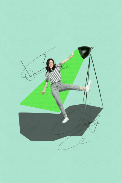 现代垂直照片拼贴，展示快乐的女商人在光束和灯泡的照耀下，寻找创意和发展的进步方向。图片下载