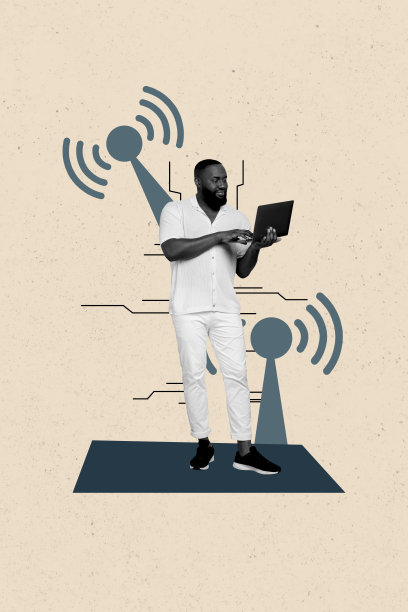 年轻男子在笔记本电脑前工作的综合趋势艺术草图照片拼贴，展示了热点连接、WiFi、互联网和在线远程工作。图片下载