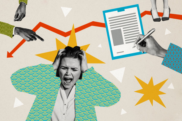 愤怒女商人被解雇的复合照片拼贴，工作失败，箭头向下，破产，纸质项目标志，背景涂鸦。图片下载