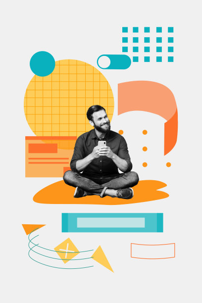 年轻男子坐着，手持智能手机，复合趋势艺术作品草图，照片拼贴，展示工作界面、网站项目页面和切换按钮。图片下载