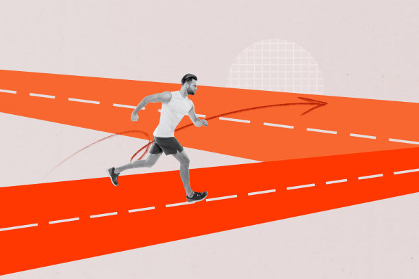严肃运动员在马拉松赛道上奔跑的合成照片拼贴，箭头指向体育场，冲刺比赛，健康生活方式，背景为涂鸦风格。图片下载
