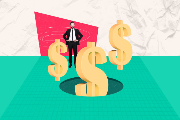 趋势艺术素描图像，商业市场金钱统计照片拼贴，箭头增长，年轻男子出现在美元符号的洞中，象征着财富与成功。图片下载