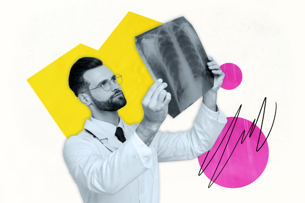 严肃的医生手持X光片，展示COVID肺部损伤和癌症咨询的合成照片拼贴，背景为涂鸦风格。图片下载