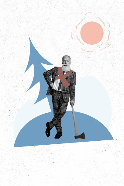 严肃的老伐木工在森林中站立，穿着围巾，手持斧头，背景为新年装饰的竖版照片拼贴。图片下载