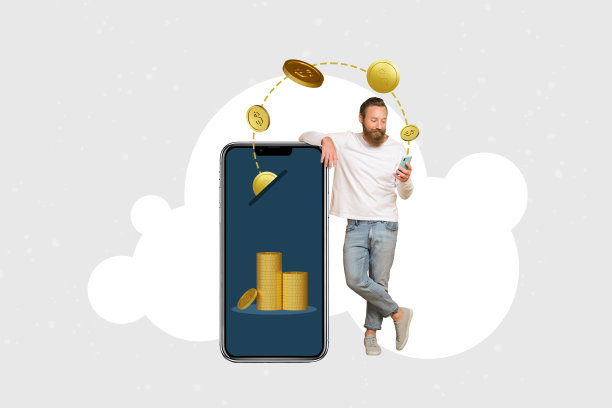 巨型智能手机显示屏的照片拼贴艺术作品，展示了一个男人交易者手持手机收集美元硬币。图片下载