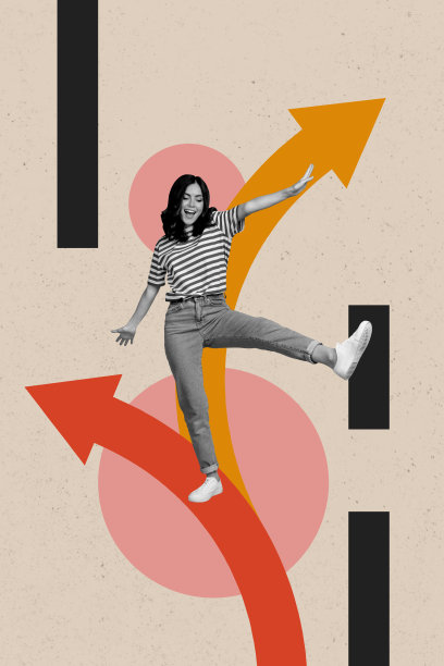 快乐女孩跳舞的垂直照片拼贴，箭头指向成功、发展、交易者、增长和商业，背景为涂鸦风格。图片下载