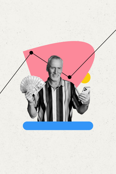 快乐的老年退休人士手持手机设备，展示自由职业者收入和美元钞票的竖版照片拼贴，背景为涂鸦风格。图片下载