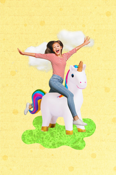 快乐的少女骑着独角兽马，夏季户外散步假期休息，垂直照片拼贴，背景为彩绘图案。图片下载