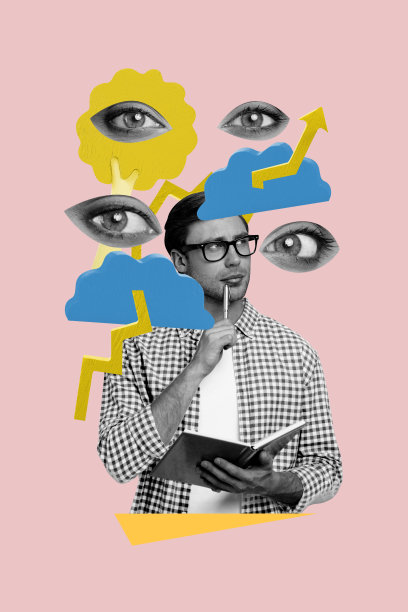 专注的商人手持笔记本和钢笔，思考工作策略，目光注视着箭头和云朵，背景为涂鸦风格的垂直照片拼贴。图片下载