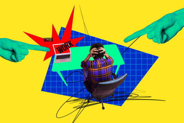 商务手势的复合趋势艺术作品，3D草图图像，年轻男子在工作时用手遮住头部，显示紧张情绪，展示笔记本电脑的照片拼贴。图片下载