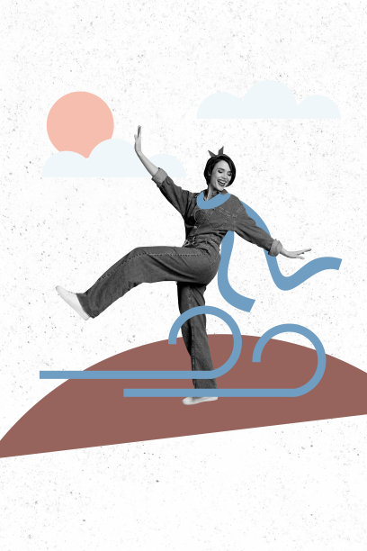 快乐女孩在风中穿着围巾，走在新年圣诞氛围中的垂直照片拼贴，背景为涂鸦风格。图片下载