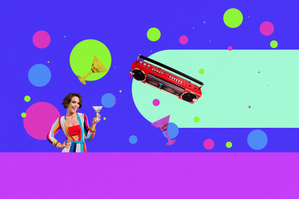 复合趋势艺术作品草图，3D照片拼贴，轻松派对调酒师，迪斯科风格，年轻女性手持鸡尾酒杯图片下载