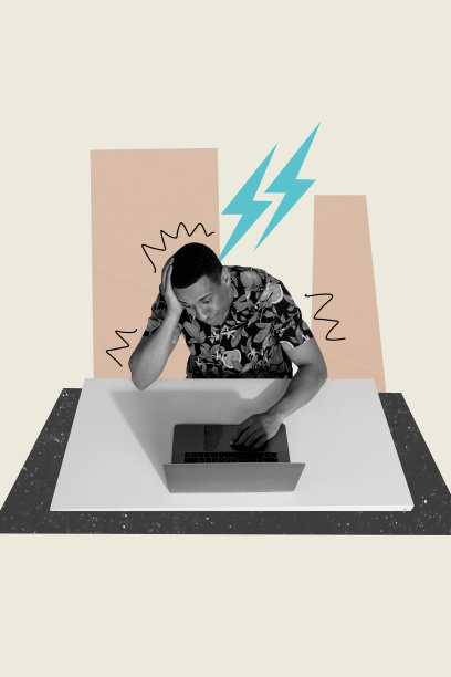 垂直照片拼贴，显示一位不满的美国男子坐在办公室，面对笔记本电脑，感到压力、工作负担和冷漠，背景为涂鸦风格。图片下载