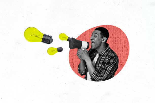 快乐的美国男子手持扩音器，激发灵感的灯泡，寻找创意火花的拼贴照片，背景为涂鸦风格。图片下载